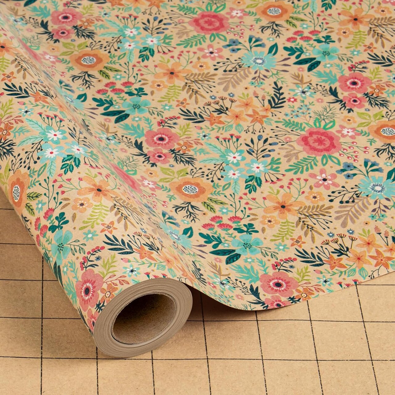 Colorful Floral Kraft Wrapping Paper Roll – 17” x 33 ft, Boho Garden Blooms Design for Weddings, Bridal Showers, Birthdays & Engagements